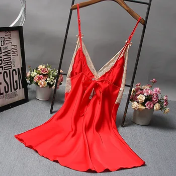 

Sexy Lingerie Nightgowns Sleepwear Night Dress Women Sleeveless Nightwear Faux Silk Satin Nightshirtv Lace Deep V-neck Nightdre