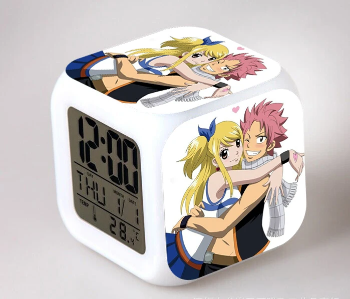 

FAIRY TAIL Lucy Digital Alarm Clock Action Figures Natsu Gray Erza Happy Colorful Glowing Digital Clock LED Toys Children Gift