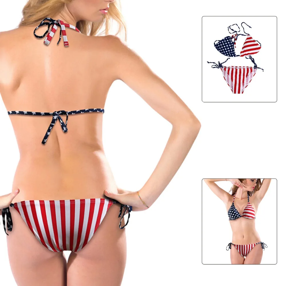 Треугольный летний сексуальный женский купальник с лямкой через шею, с полосками звезд, флаг США, бикини с мягкими чашечками, купальник с американским флагом, пляжная одежда с открытой спиной
