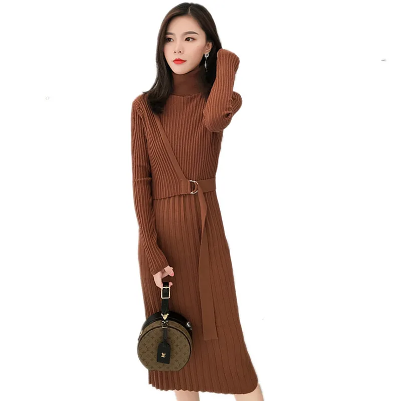 

Warm Autumn Winter Sweater Dresses 2018 New Sexy Women's Knit High Waist Bodycon Dresses With Sashes Long Sleeve Solid Dress