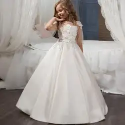 Новое поступление Платья с цветочным узором для девочек Белый Кот 3D цветы с длинными рукавами, пуговицами сзади Vestido Longo пышное платье