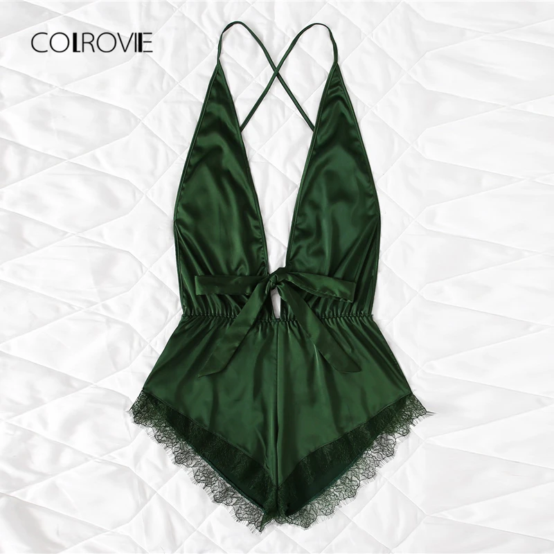 COLROVIE Pink Sexy Open Back Lace Teddy Pajamas 2018 Army Green Summer ...