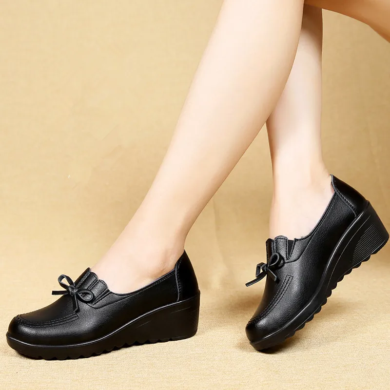Autumn new fashion slip on women high heels shoes Woman Wedges Leather Single Casual Shoes Comfortable Women Pumps 35-41