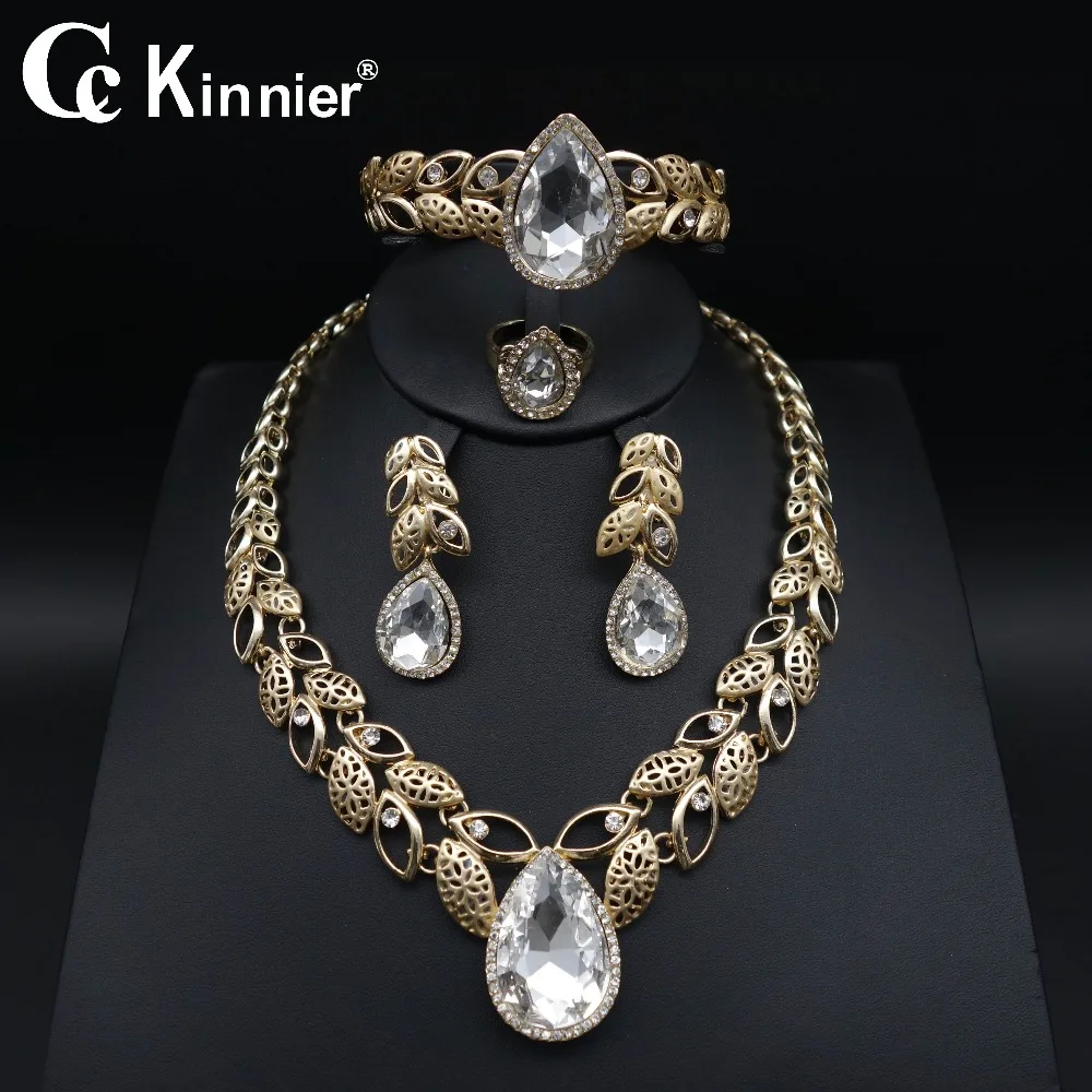 

African Dubai Wedding Jewelry Sets white crystal gold-color jewelry sets women earrings bracelet necklace bridal Jewelry Sets