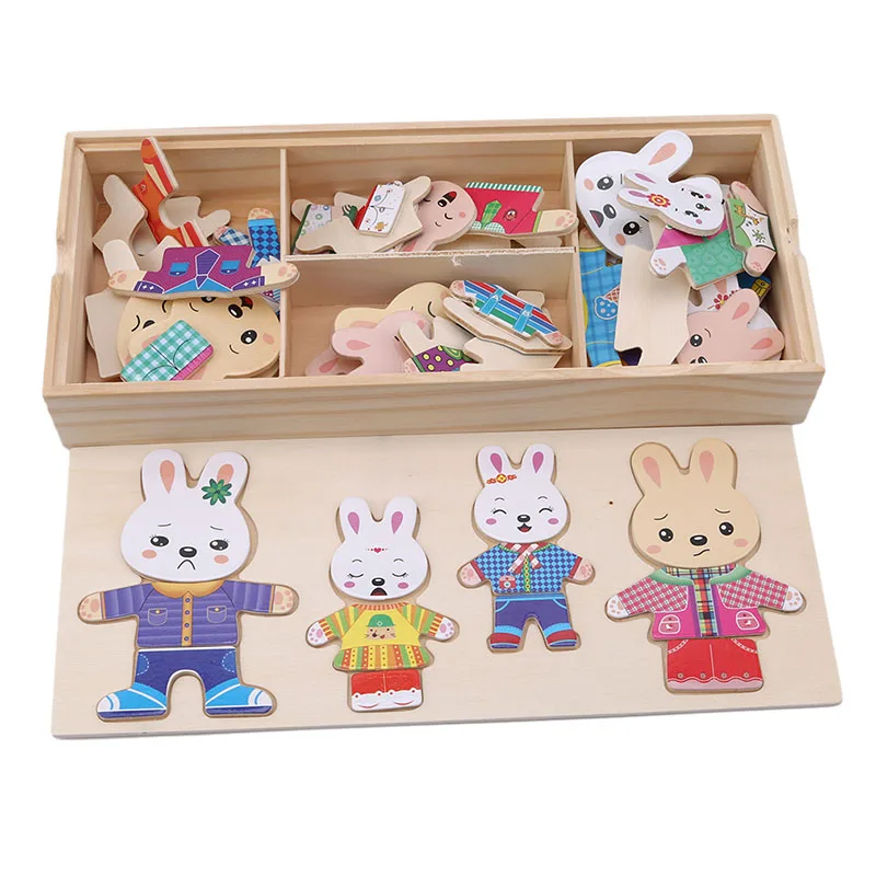 Новое поступление обучающее платье меняющие головоломки игрушки для детей милые Мультяшные деревянные игрушки Кролик меняющие одежду Пазлы - Цвет: Colorful