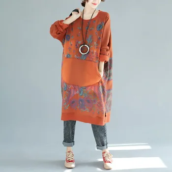 

Women Loose Printed Floral Vintage Dress National Style Round Neck Big Pockets Dress Mori girl Oversized Long Robe Dress YT04