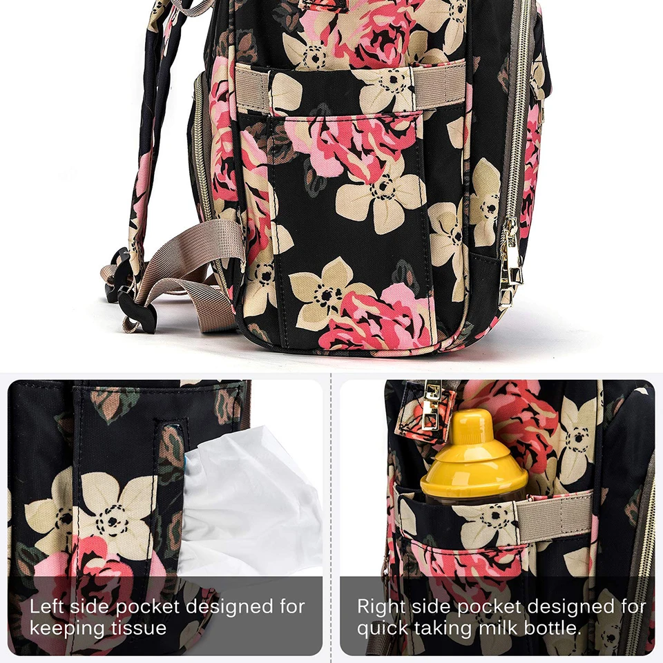 Модная детская сумка для подгузников, рюкзак с цветочным рисунком, водонепроницаемая многофункциональная дорожная сумка для подгузников, включает в себя сменный и изолированный чехол
