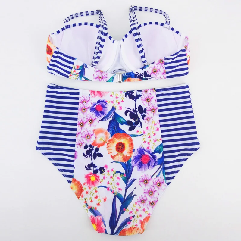 

Newly Women Striped Print Bikini Suit Tops with Pants Sleeveless High Waist Swimsuit for Summer BFE88