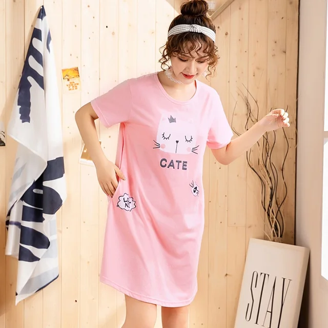 Cotton Cute Cat Women Sleepwear 5XL Nightgowns Home Wear Girls Sleep