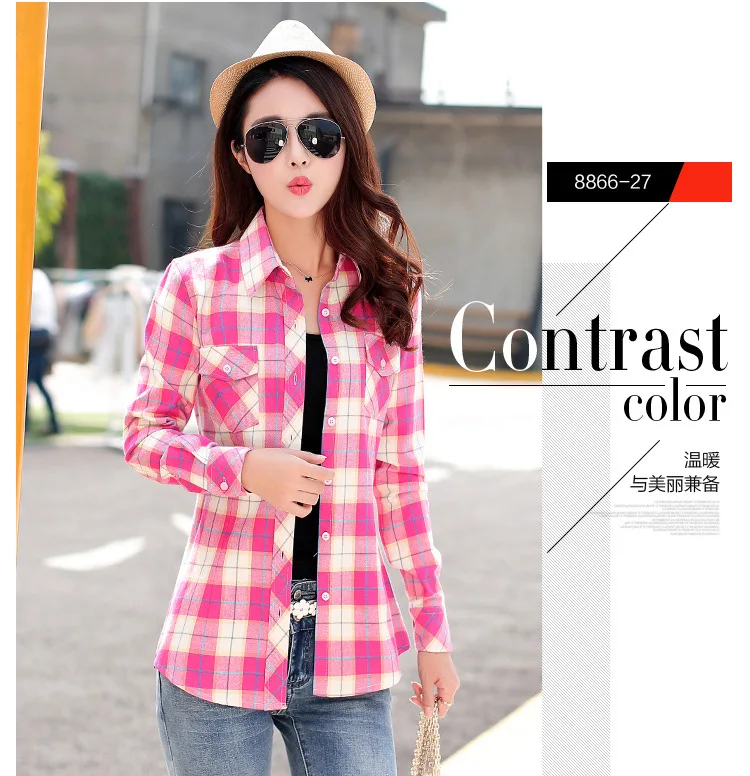 Blusa xadrez de flanela feminina, camisa casual
