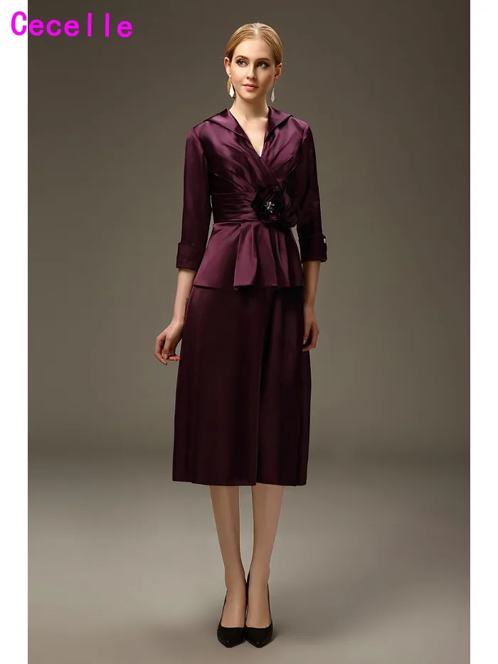 Burgundy Sheath Mother of the Bride Dresses With 3/4 Sleeves Knee