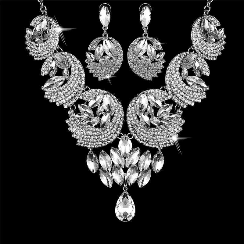 

KLEEDER New Fashion Bridal Jewelry Set Feather Shape Big Crystal Necklace Earrings Sets for Wedding Party Jewelry with Gift Box