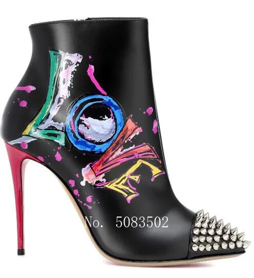 Г., женские ботильоны из черной кожи с ярким принтом и буквенным принтом женская обувь на высоком тонком каблуке с боковой молнией и заклепками, Zapatos De mujer - Цвет: as pic