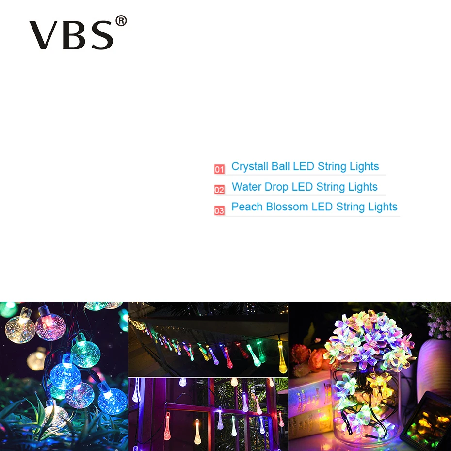 

Led Solar Light Outdoor String 6.5M 7M Crystall Ball /water drop /Peach Blossom LED String Lights For Party Wedding Path Decor