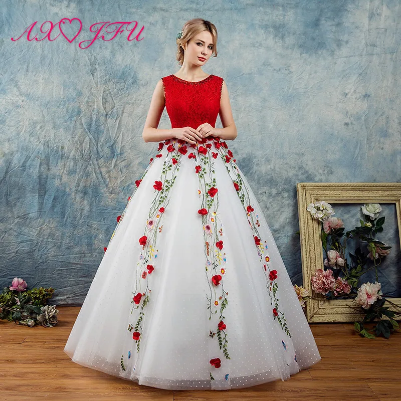 AXJFU Red flower rose white lace evening dresses princess rose lace