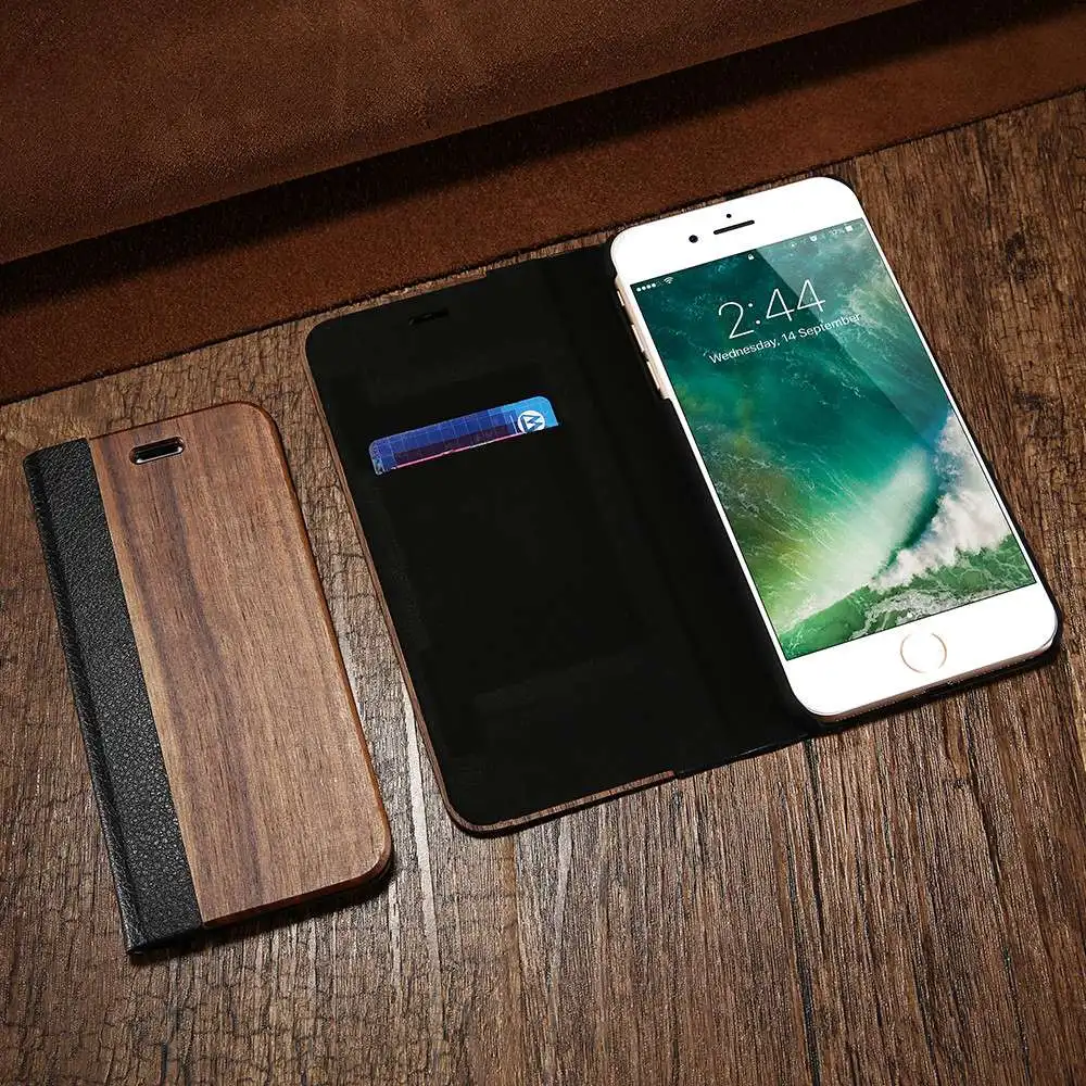 Kisscase природа древесины бамбука кожаный чехол для iPhone X 8 7 6 S Plus Flip Стенд ретро