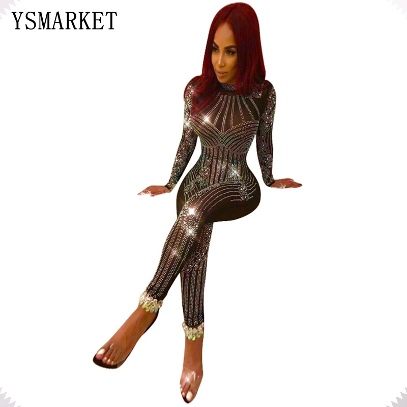 2018 Sexy Glitter Mesh See Through Rhinestone Jumpsuit Women