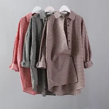 Korean Fashion Plaid Vintage Blouse Women Low High Design Spring Atumn Ladies Tops Long Sleeve Blouse Plus Size Women Long Shirt цена Korean Fashion Plaid Vintage Blouse Women Low High Design Spring Atumn Ladies Tops Long Sleeve Blouse Plus Size Women Long Shirt цены онлайн