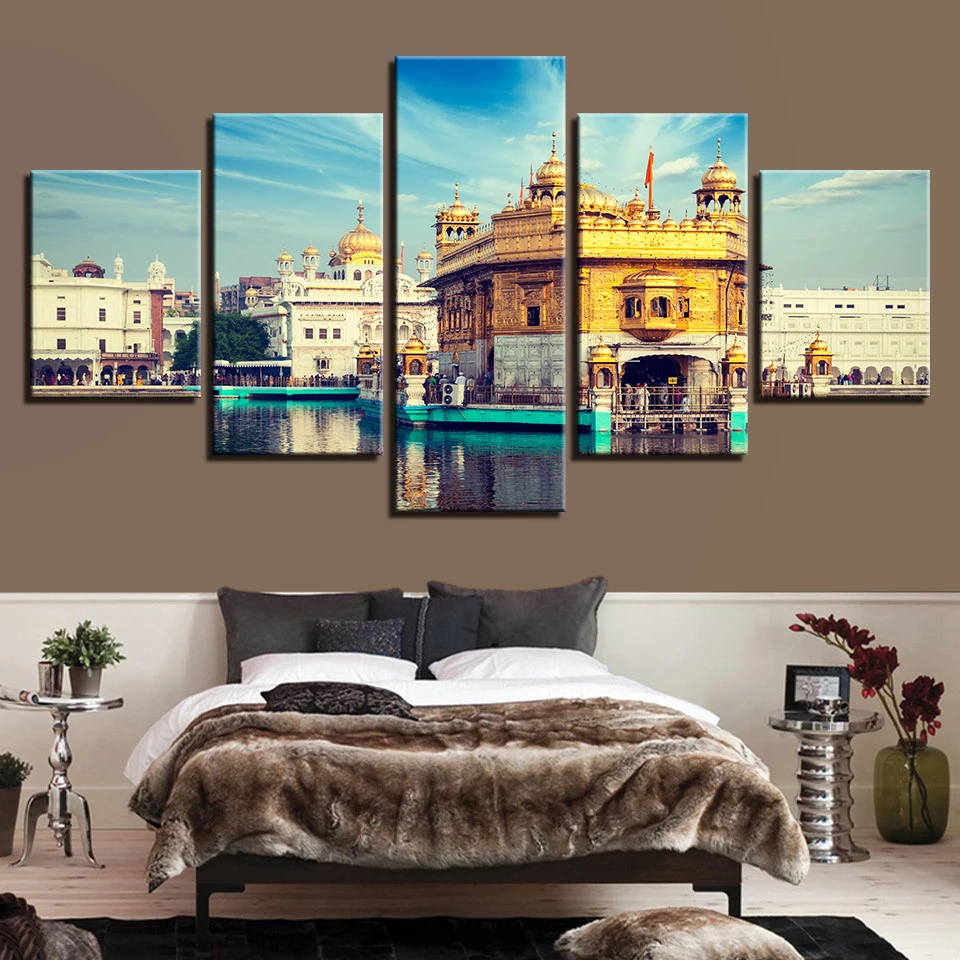 Canvas-Posters-Living-Room-Framework-HD-Prints-Pictures-Home-Decor-5-Pieces-Blue-Sky-Golden-Temple