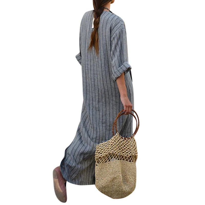 Women's Long Sleeve Cotton Linen Dress Ladies Striped Casual Party Holiday Dress