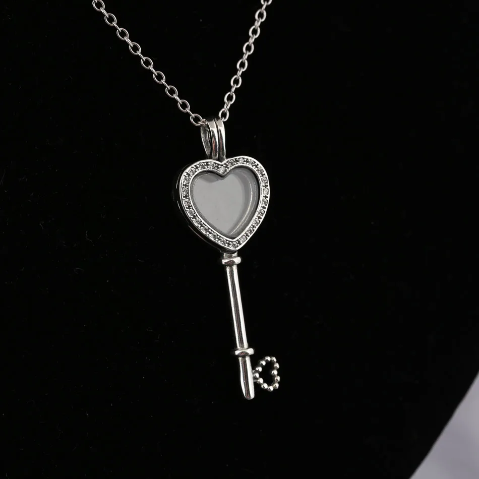 

925 Silver Floating Locket Heart Key Necklace for Women Pave Crystal & Clear CZ Silver Dangle Choker fit Lady Jewelry