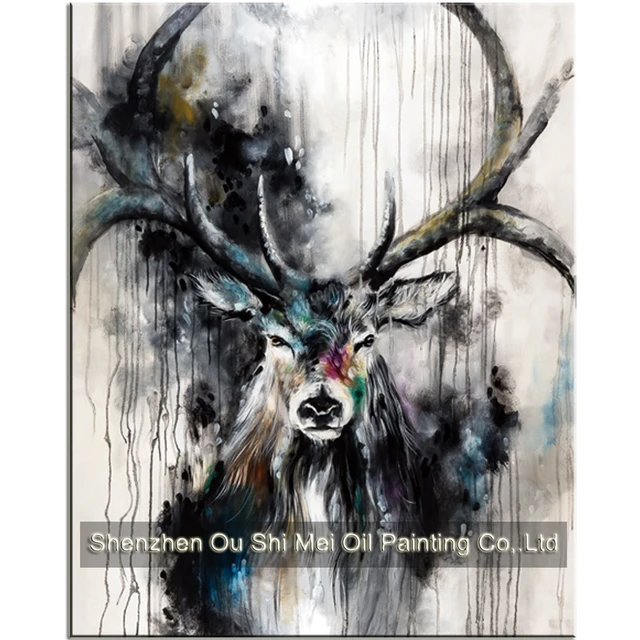New 100 Hand Painted Beautiful Black White Deer Paintings Inky Color New 100 Hand Painted Beautiful Black White Deer Paintings Inky Color Antler Animals Oil Painting On Canvas For Living Room Decor