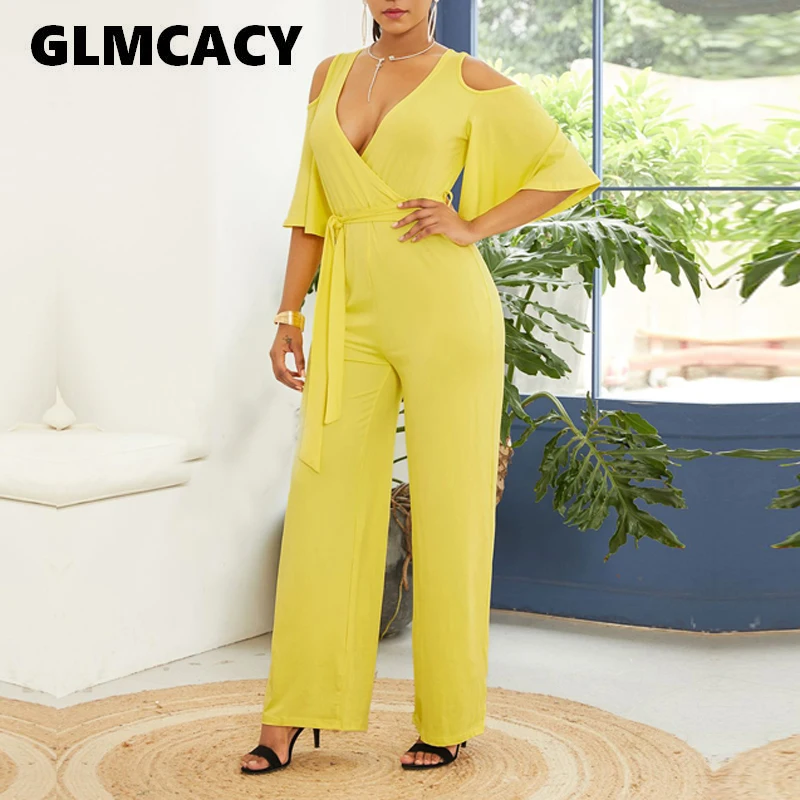 

Women Plunge V-neck Cold Shoulder Casual Belted Wrap Jumpsuits Solid Color Slim Fit Wide Leg Summer Elegant Rompers