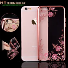 Transparente Bling Diamante Chapeamento de Cristal Flor TPU Soft Case Para Apple iphone 6 s 6 7 plus 5S se 5 tampas do telefone de borracha casos