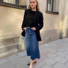 Bitti юбка, вымытая синяя, с высокой талией, разрезы сзади, карманы, средней длины, хлопковые юбки, женская мода, низ