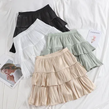 

Casual Solid Ruffle 2019 Summer Pink Skirt Women A line High Waist Pleated Short Skirt Chiffon Beach Skirt XZ138