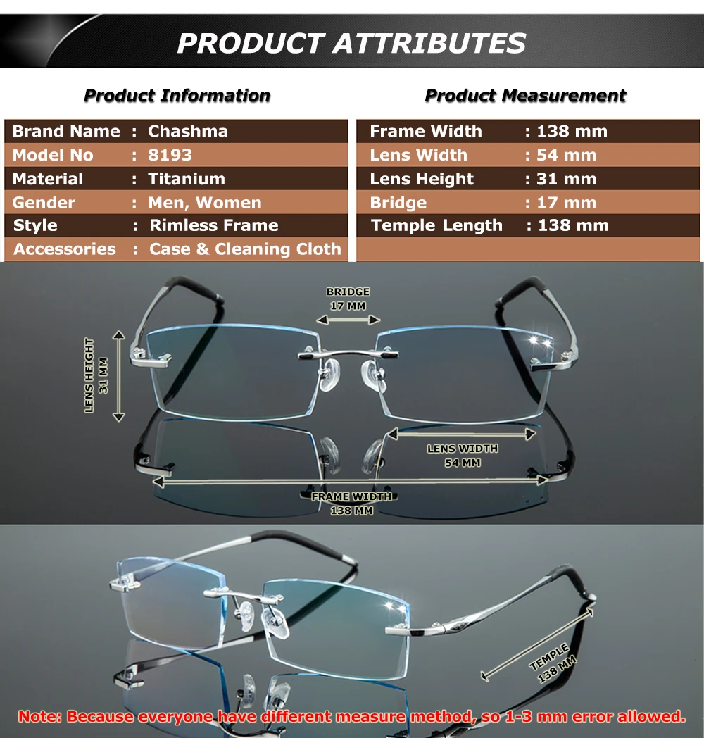 Chashma титановые мужские очки для глаз, градиентные цветные линзы, оправы для очков без оправы, Настраиваемые линзы, размер и форма