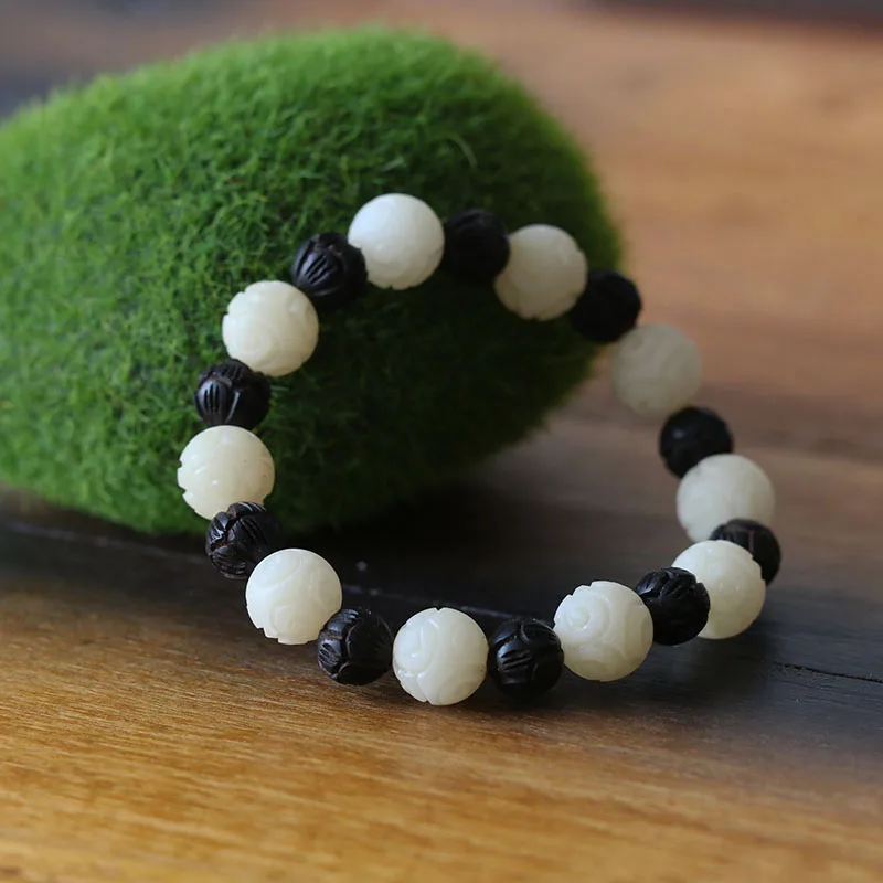 White-Bodhi-Seed-Carved-Lucky-Cloud-&-Black-Wood-Lotus--Prayer-Beads-Stretch-Bracelet-Unique-Handmade-Artisan-Gift-Reikinn-BSL003(1)