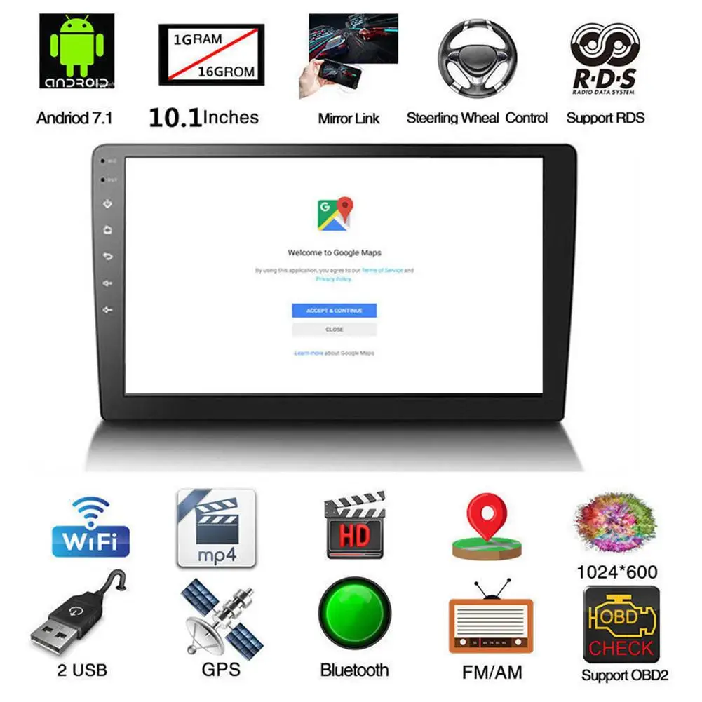 

Car Multimedia Player 2 Din Android 8.1 1G+16G 10.1" Quad Core With Mirror Link GPS Wifi Google Map DVR Stereo Radio MP5 Player