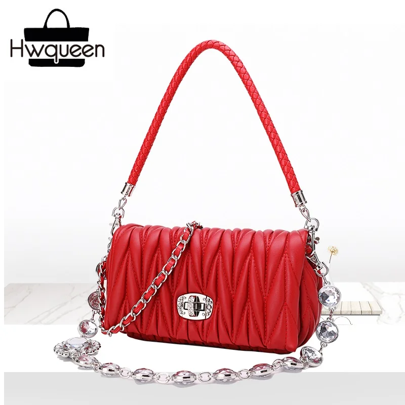

Pleated Designer Genuine Leather Rhinestone Strap Lady Messenger Bag Knitting Handle Sheepskin Woman Small Single Shoulder Bag