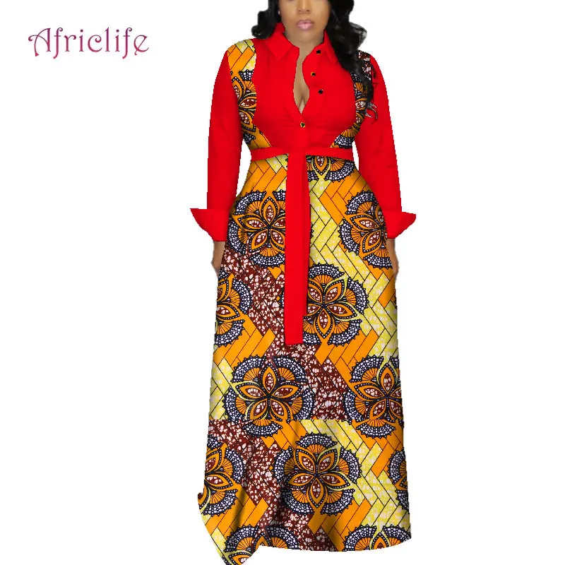 

Fashion Sashes African Dresses For Women Autumn Long Casual Shirt Dress Print Cotton Maxi Dress Private Custom Plus Size WY4079