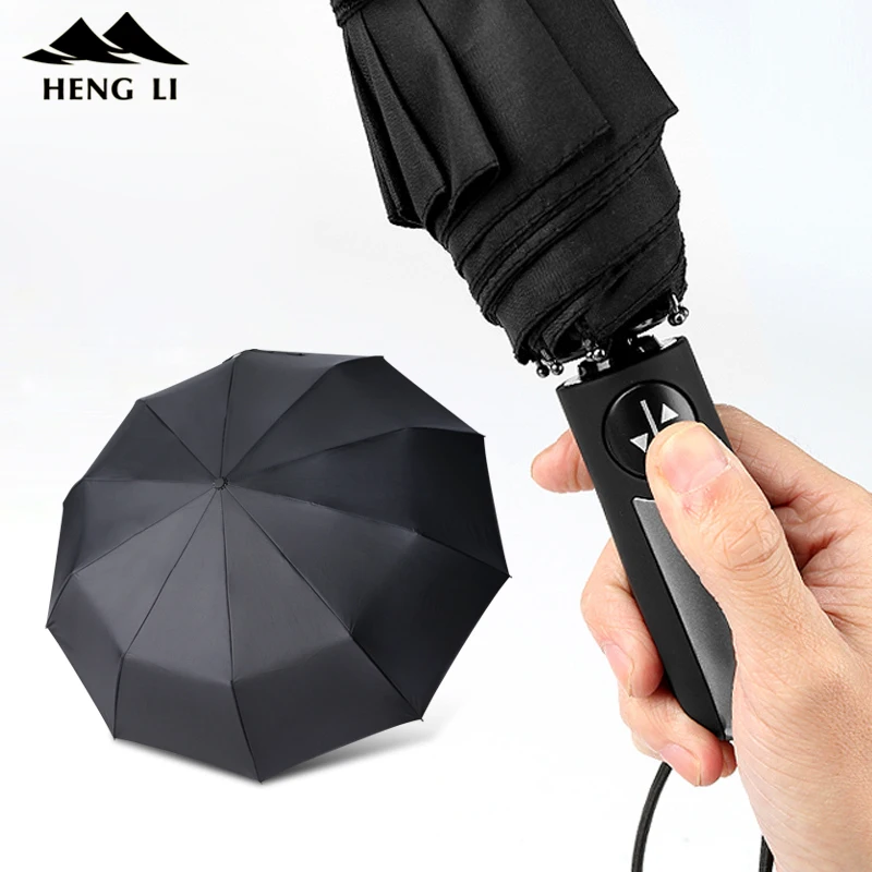 Accessoires Paraplus & regenaccessoires Business Umbrella Fully Automatic Three Folding Windproof Solid Wood Handle With Metal Sunny And Rainy Umbrella 