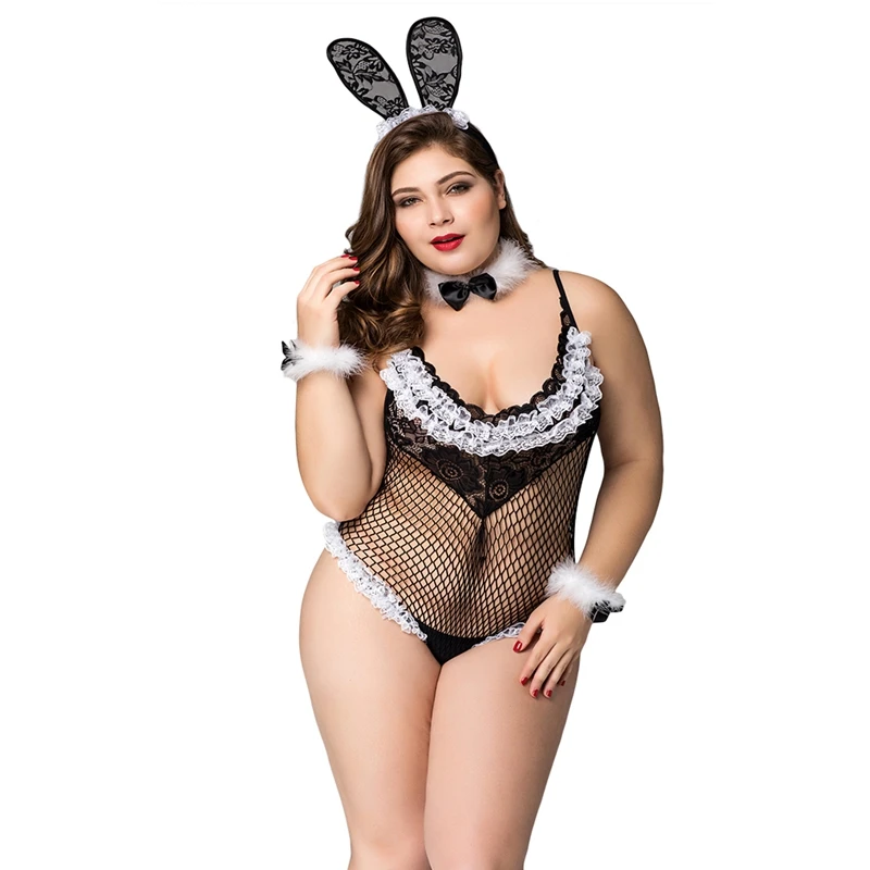 JSY Большие размеры возбуждающие костюмы кролика Fishnet видеть сквозь костюм кролика комплект женского белья Комплект со всеми аксессуарами