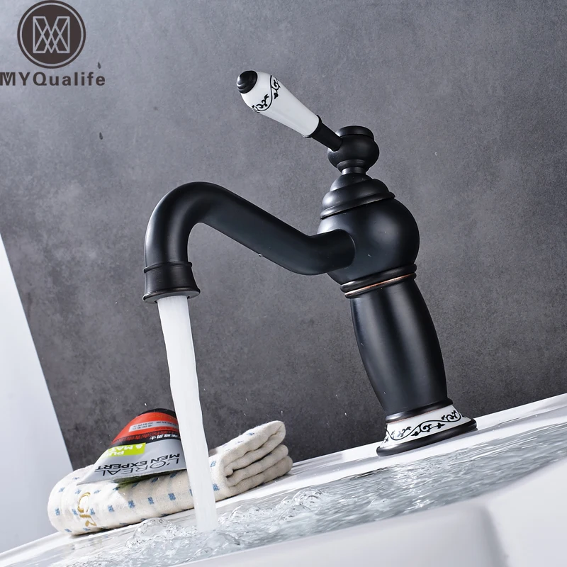 

Free Shipping Bathroom Vanity Sink Faucet One Handle Black long Swivel Spout Washing Basin Tap with Hot and cold Water