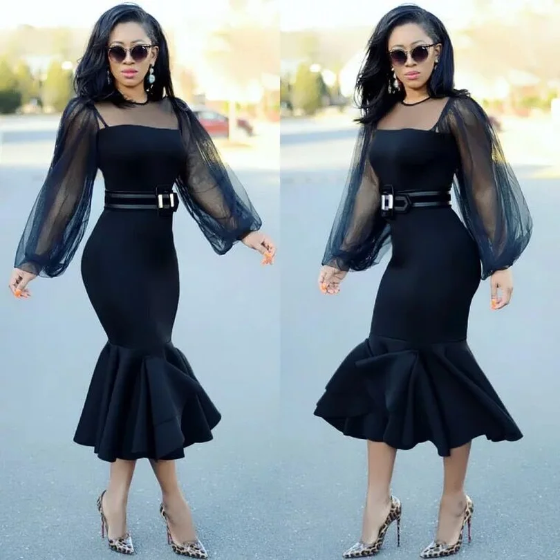 

2019 new fashion style elegant african women grenadine joint fishtail midi dress M-XXL 2colors(black&navy blue)