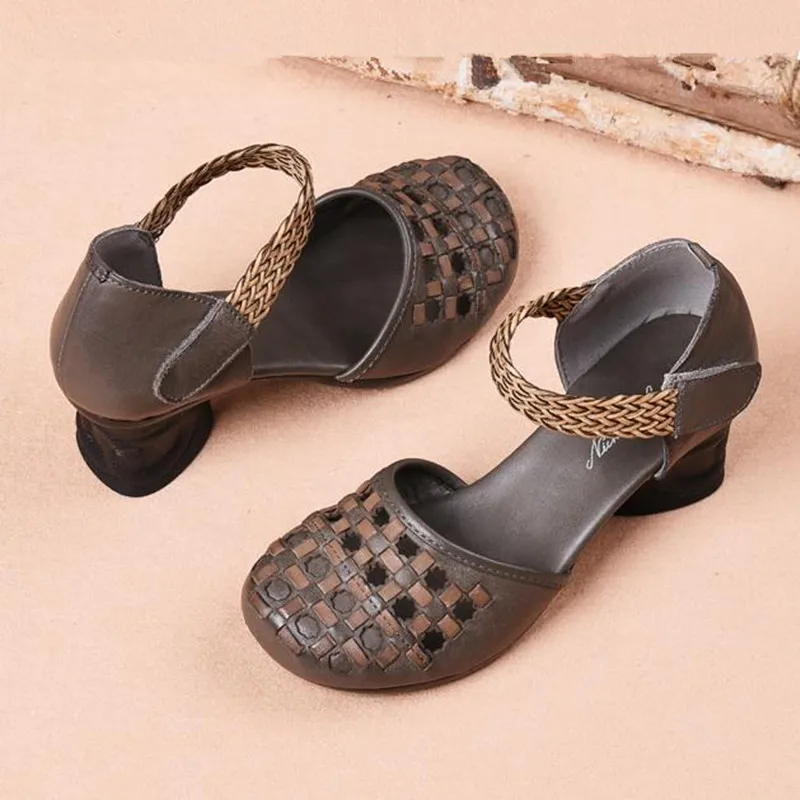 

Summer vintage Crude heel sandals women Leather hollow round female sandals Weaving mid-heel Women's shoes High heel sandals