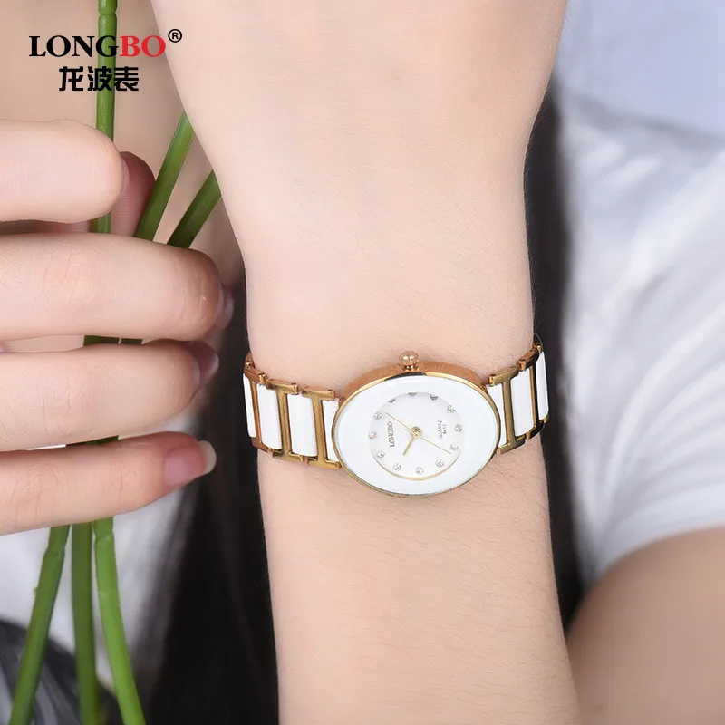 Лидер продаж, женские модные оригинальные высококачественные кварцевые наручные часы от бренда Longbo, стразы, циферблат, белые керамические часы для девушек и мужчин