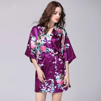 

Purple Summer Women's Kimono Robe Bathrobe Sleepwear Rayon Bath Gown Nightgown Pyjamas Mujer Pijama Size S M L XL XXL XXXL 018