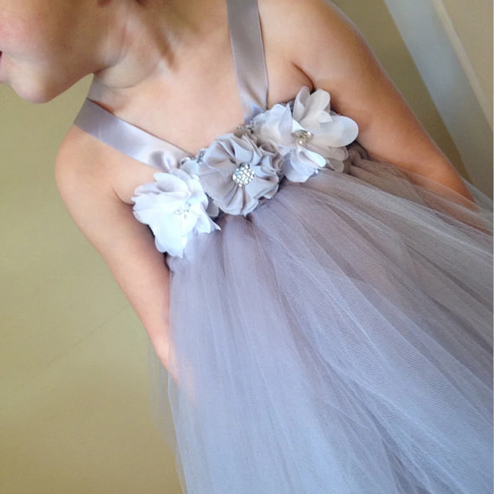 

Silver grey and white handmade flower girl dress, special occasion dress, tulle tutu girls dress, shoulder belt clothes new 2014
