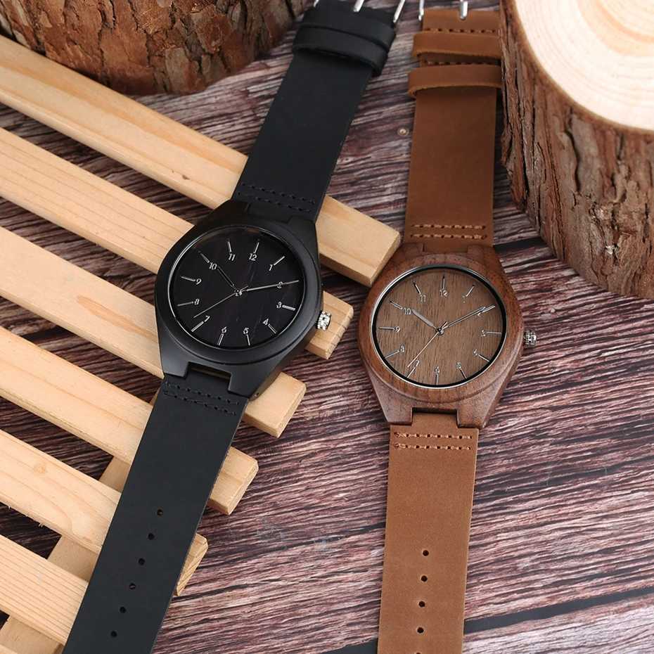 Men's Ebony Wood Black Watch Analog Quartz Watches Man Handmade Bamboo hombre Wristwatch with Genuine Leather Band Gifts for Men 2018 (24)