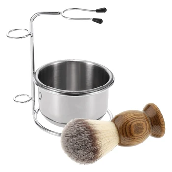 

3-Counted Wood Salon Barber Men Shaving Brush + Metal Bowl Stand Holder Set - Shaving & Hair Removal Tool at Home Use