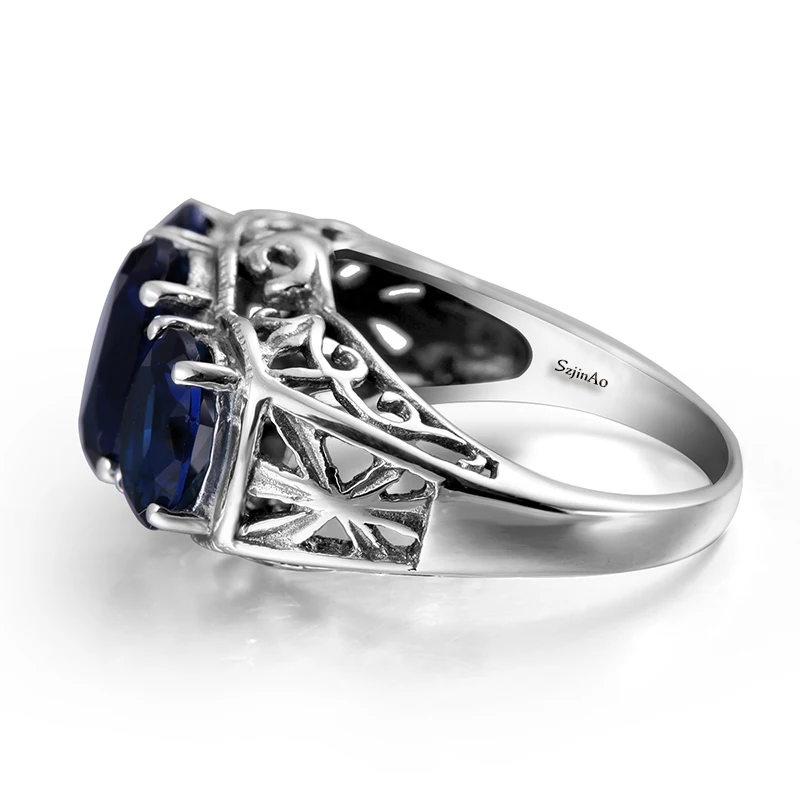 Szjinao Элитный бренд камень кольцо для Для Женщин Синий Сапфир палец 925 серебро Винтаж Свадебная вечеринка Jewelry aneis