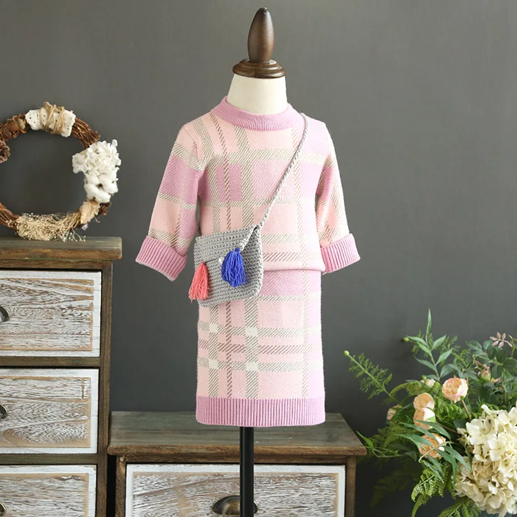 

2018 autumn children's knitted two-piece set of girls rabbit fur fabric lattice pattern knitted blousewith skirt two-piece suit