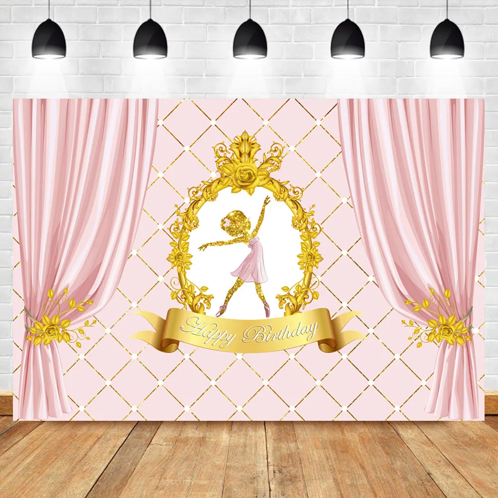 

Neoback Pink Curtain Girl Birthday Party Photo Background Photophone Gold Princess Dance Custom Booth Backdrop Photo Studio