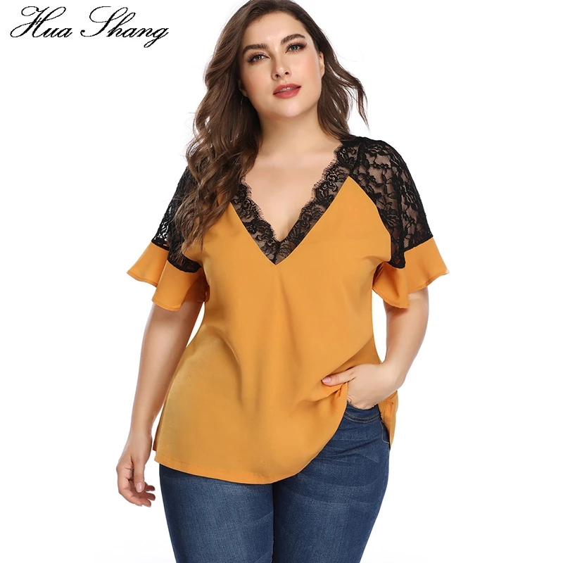

Plus Size Blouse Women Lace Hollow Out Patchwork V Neck Short Sleeve Casual Tops Yeelow Ladies Tunic Blouse Tops Chemise Femme