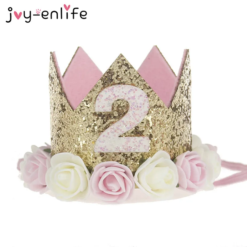 JOY-ENLIFE цветок корона головная повязка для новорожденных золотой день рождения корона От 1 до 3 лет Номер Priness стиль праздничный колпак аксессуары для волос новорожденного - Цвет: 2